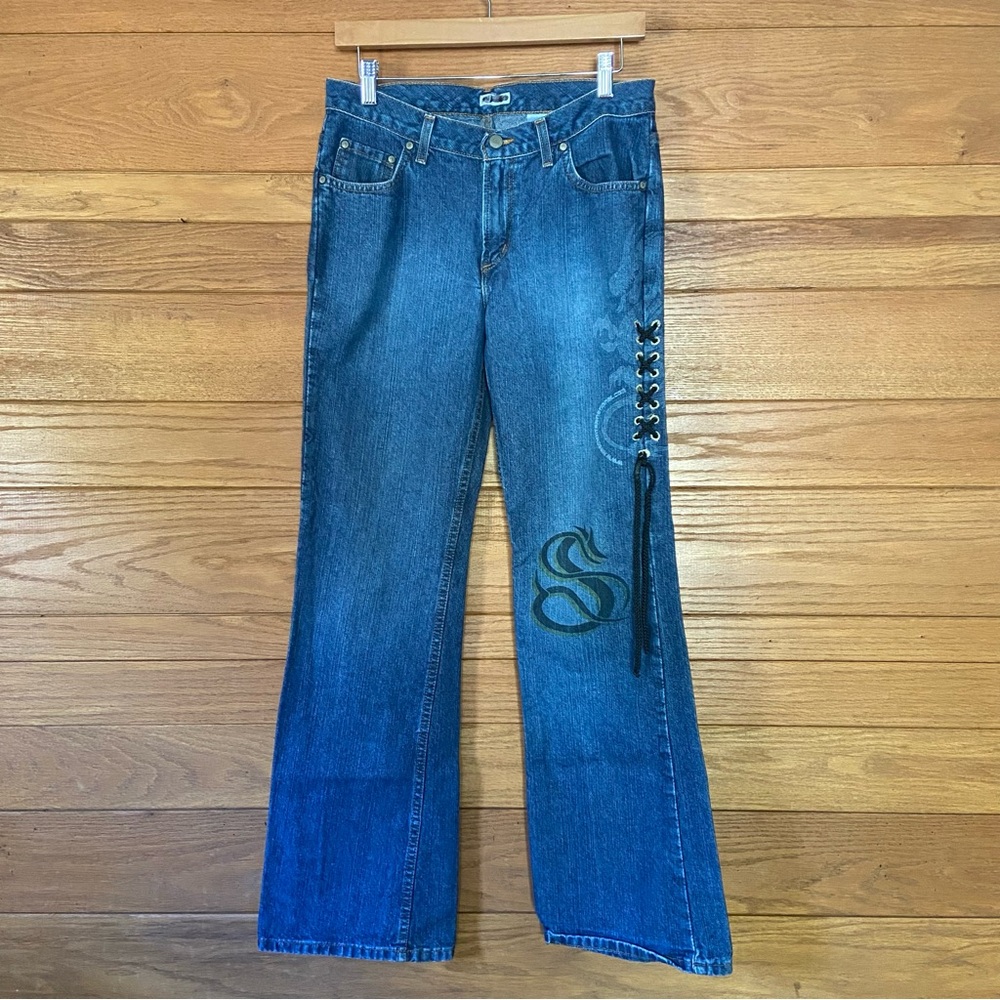Y2K 90s vintage No Boundaries dragon print lace up bootcut jeans